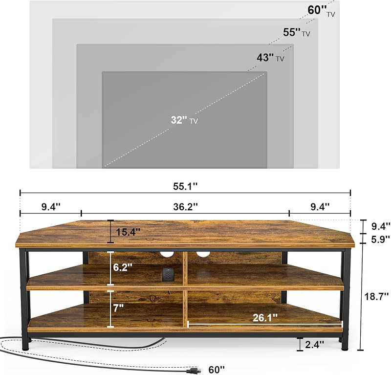 Unikito 55'' Corner TV Stand with Power Outlet, Corner Entertainment Center TV Console Table with 4 Open Storage Shelves, Metal Frame for Living Room, Bedroom, Industrial 60'' Corner TV Stand, Rustic image 5