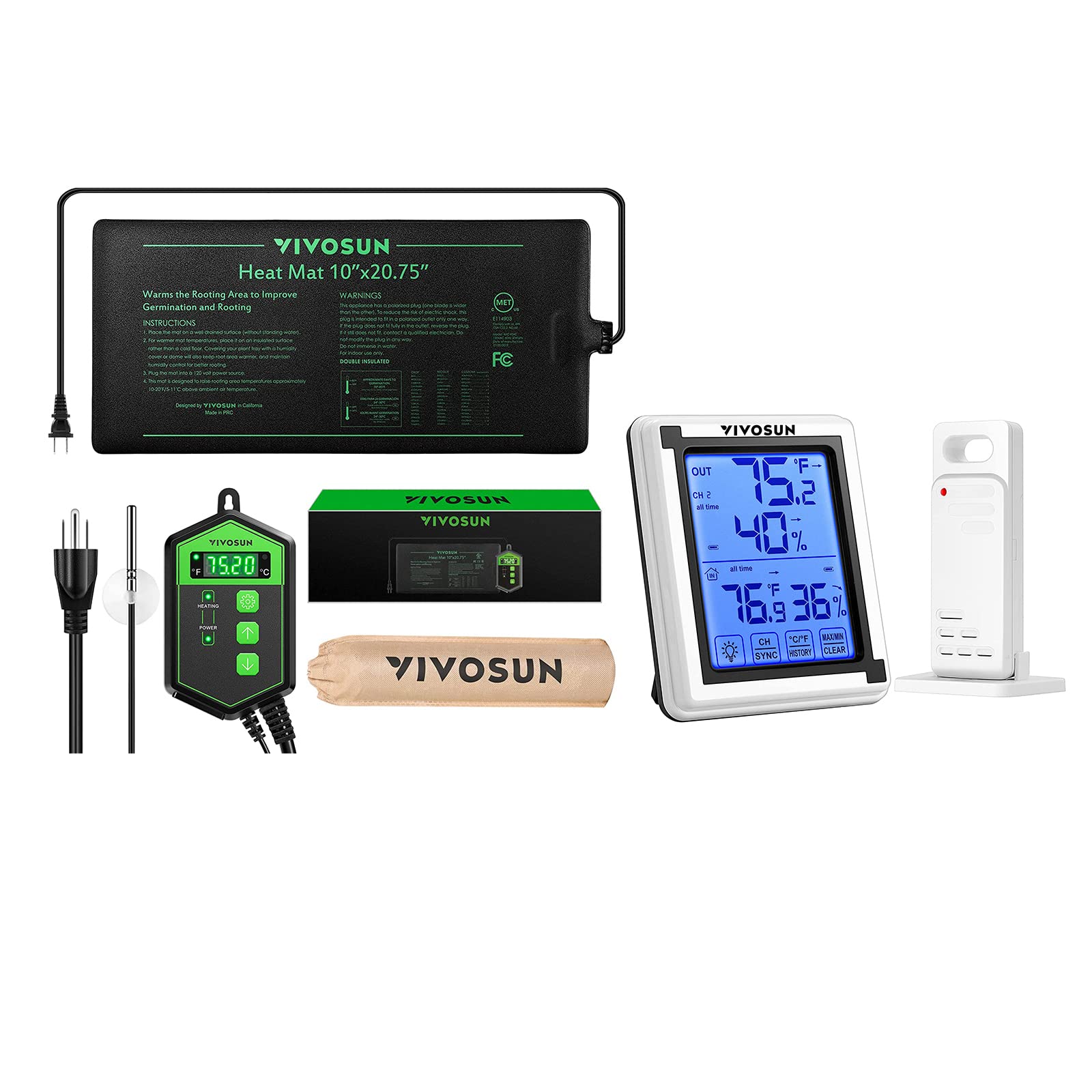 Amazon.com : VIVOSUN 10x20.75 Seedling Heat Mat and Digital Thermostat  Combo Set MET Standard u0026 Digital Hygrometer Indoor Outdoor Thermometer  Humidity Monitor : Patio, Lawn u0026 Garden