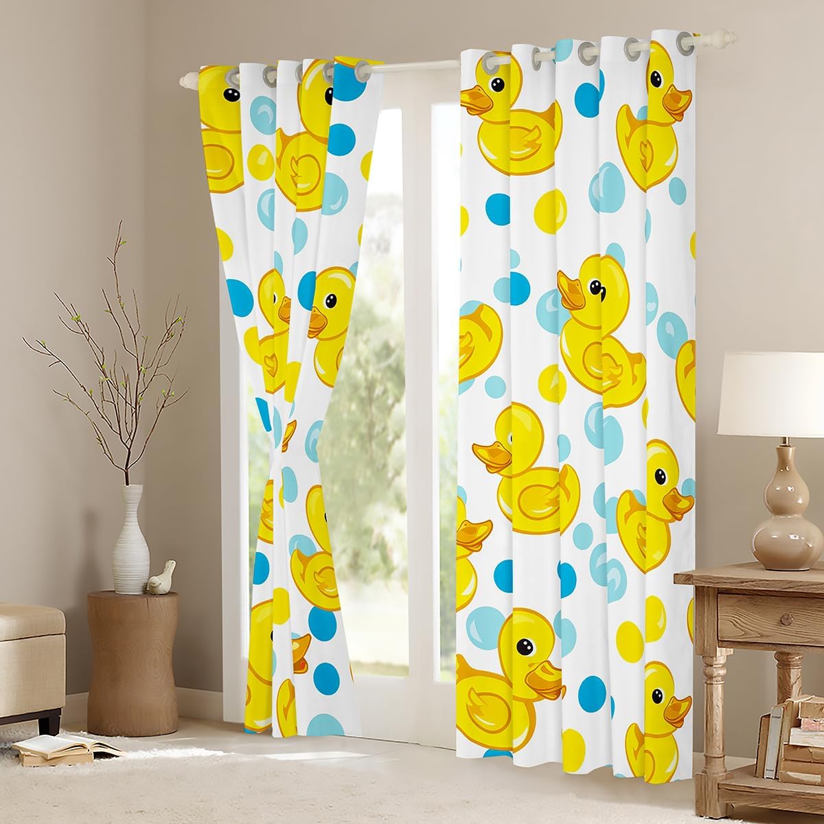 Erosebridal Kids Cute Duck Curtains - Yellow and Blue Polka Dot Blackout Curtains for Girls Boys, Yellow Rubber Ducks Bedroom Decor, Kawaii Animal Print Window Treatments 2 Panels 38 x 45 Inch