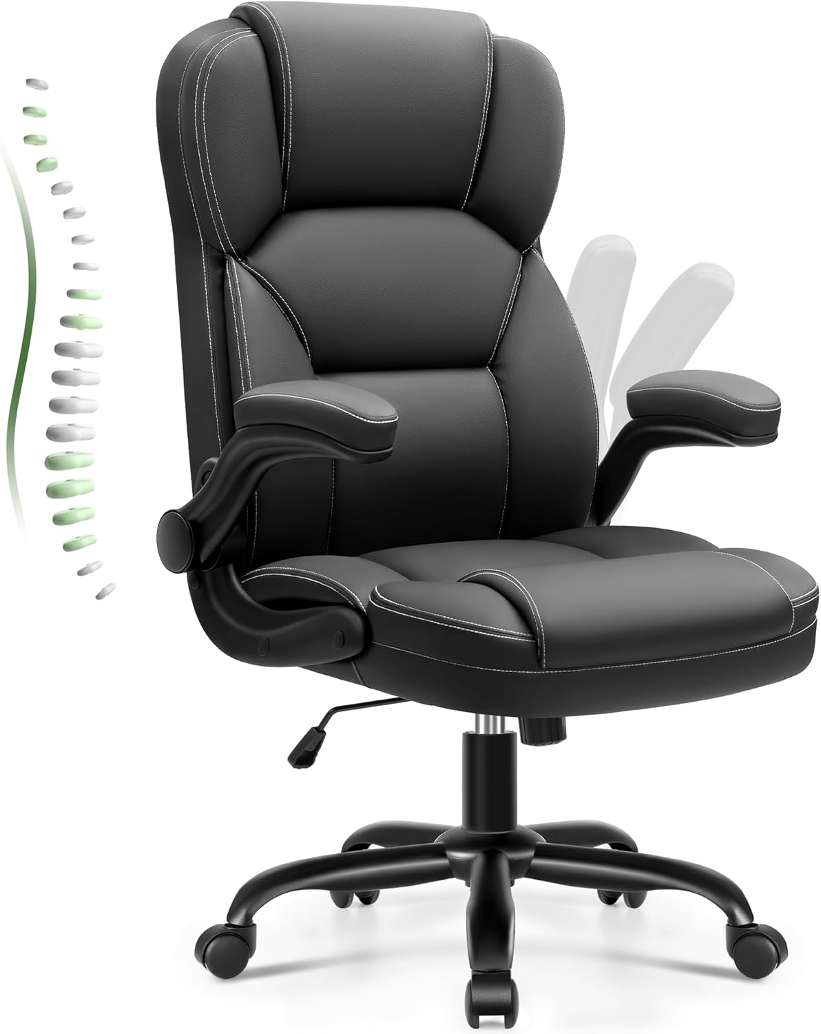 Brick Attic Leather Office Chair with Flip Up Arms, 360° Swivel Ergonomic Desk Chair with Rocking Function, Adjustable Height Computer Chair with Padded Seat for Home Office, Study Room, Black