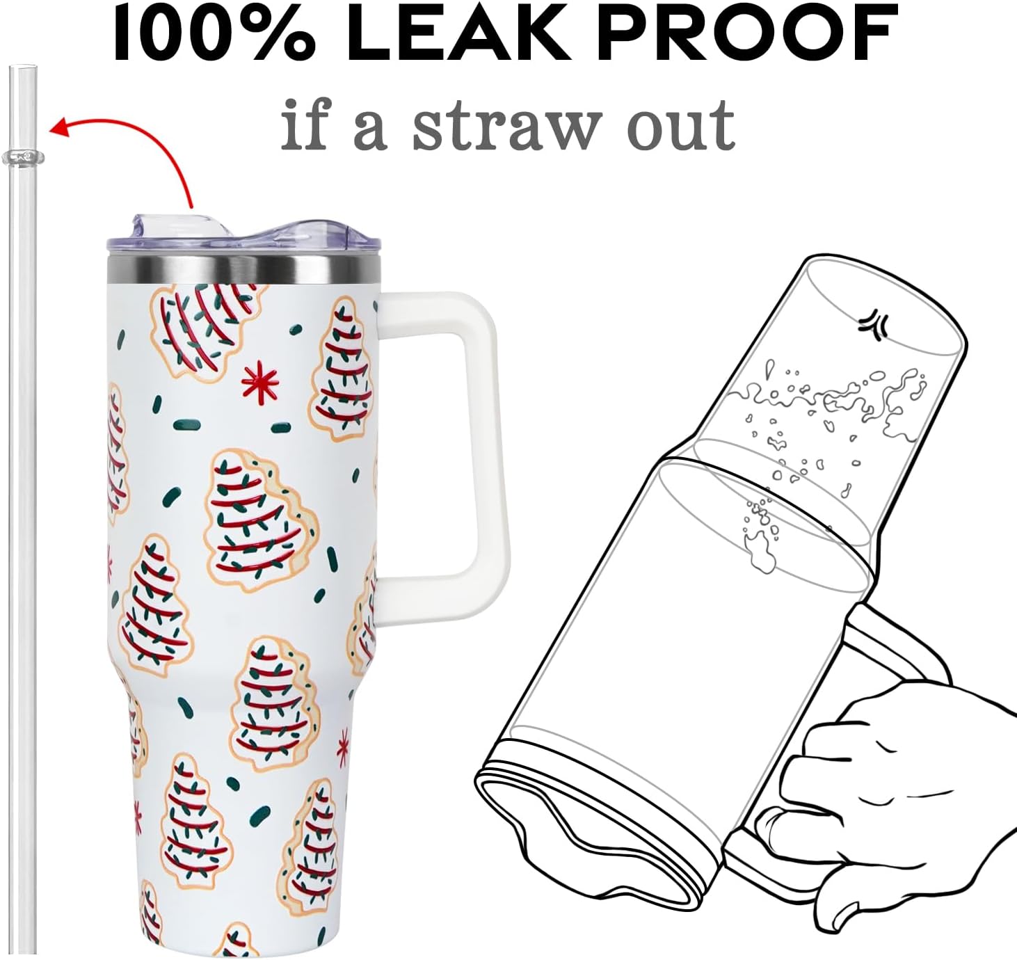 Christmas Gifts 40 oz Tumbler with Handle and Straw Lid,Cute Gifts for Women Christmas Tree Snack Cake Vacuum Insulated Leak Proof Tumbler,Winter Holiday Accessories Stainless Steel Coffee Cup Mug - Image 4