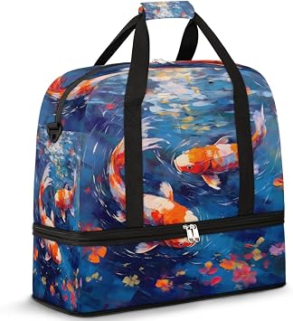 Travel Weekend Bag Kois Fish in Water Sports Tote Gym Bags for Women Men, Kois Carps Shoulder Weekender Overnight Bag with Shoes