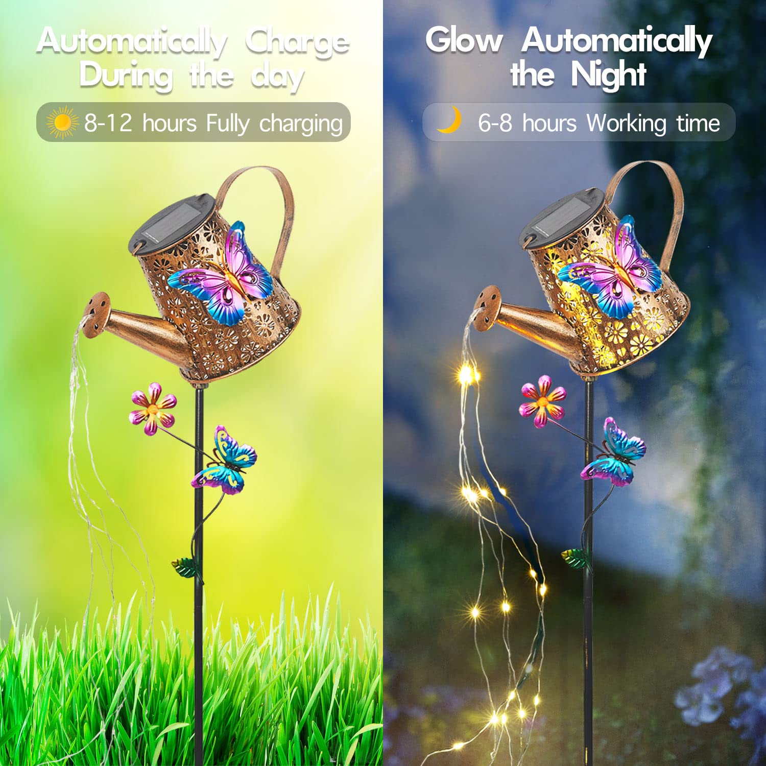 Regadera Solar Con Luces, Decoración Solar Impermeable Para Jardín Al Aire Libre, Linterna Colgante De Metal