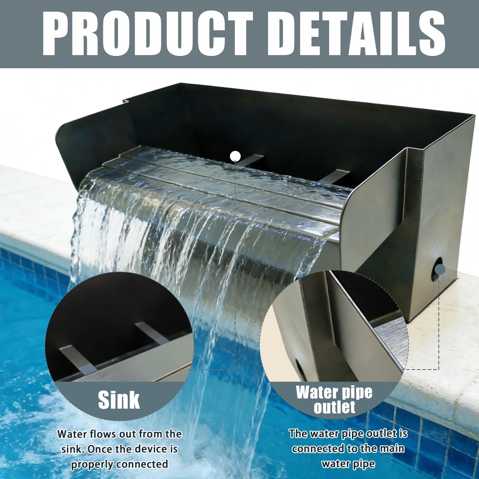 Teich Wasserfall für Gartenteich, 30CM Edelstahl Teichwasserfall Set Garten Teich Brunnen 304 Edelstahl mit Wasserfall Deko Garten Teich Wasserspiel Patio Terrasse Außenteich (Ohne Pumpe