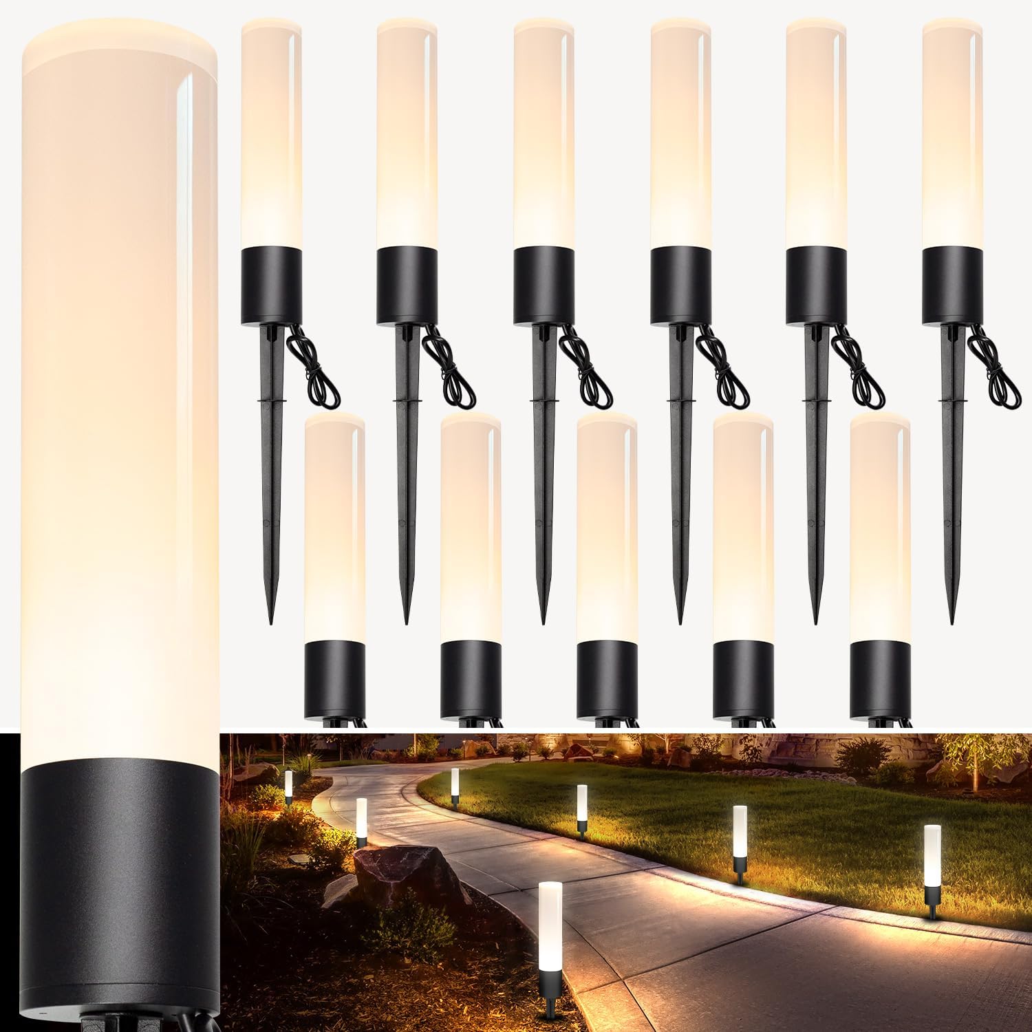 12 Pack Low Voltage Landscape Lighting Pathway Lights, 6W 300LM Landscape Lights 3000K Warm, IP65 Waterproof, Aluminum Outdoor Landscape Path Lights Wired for Walkway Yard Garden