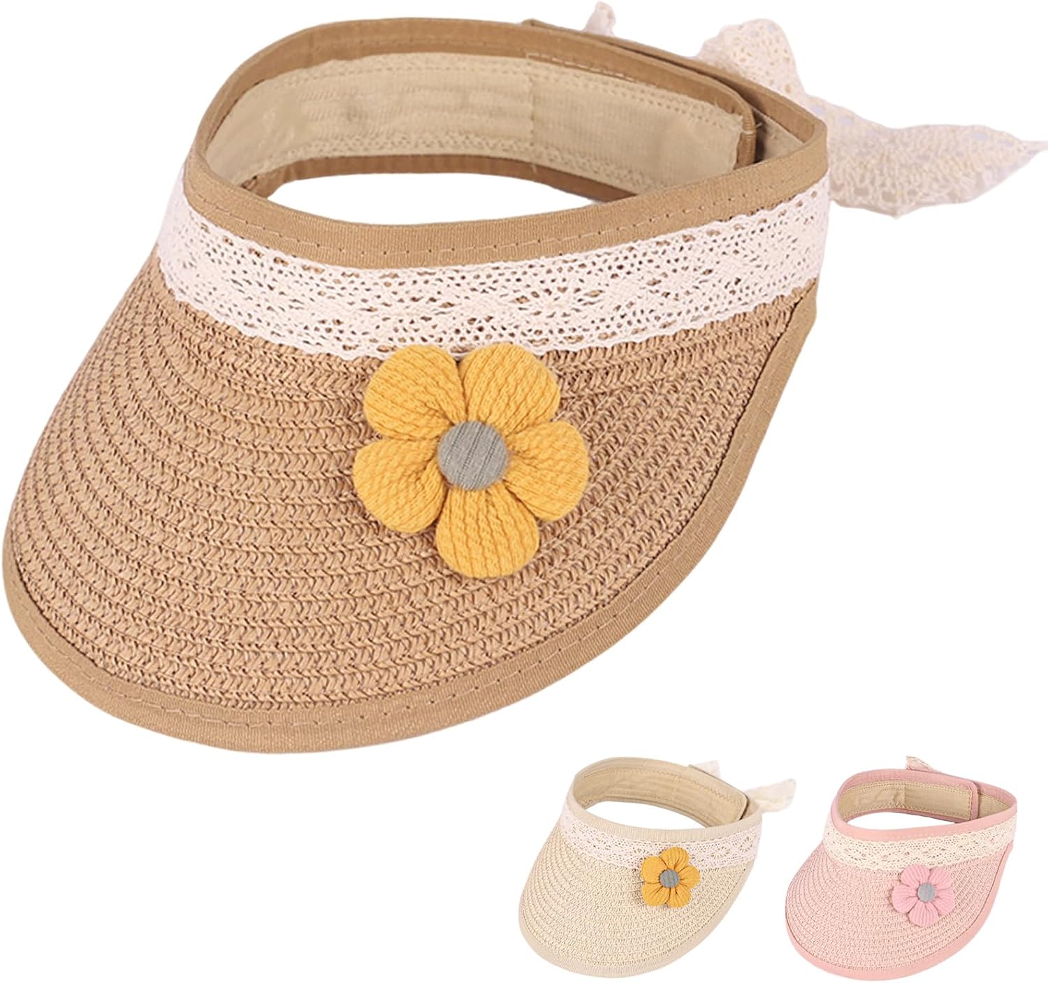 Winmany Toddler Girls Straw Hat Cute Lace Flower Kids Sun Hat Roll-up Summer Sun Visor Beach Caps for 1-3 Years