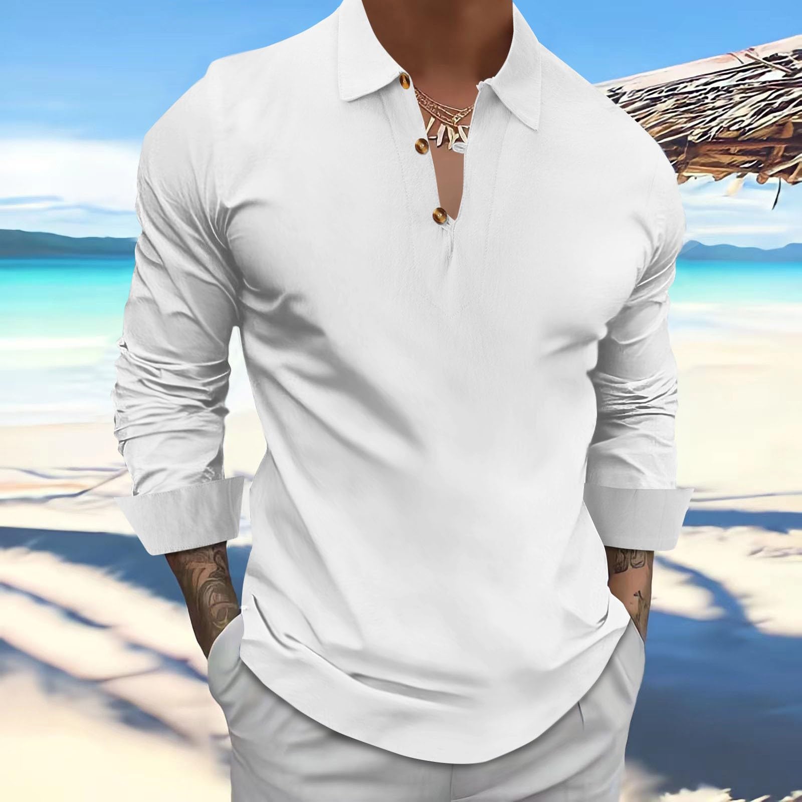 Generico Camicia Uomo Collo Rovescio Maniche Lunghe Mezza Chiusura A Bottoni, Modello Base Semplice per Look Casual Stagionali