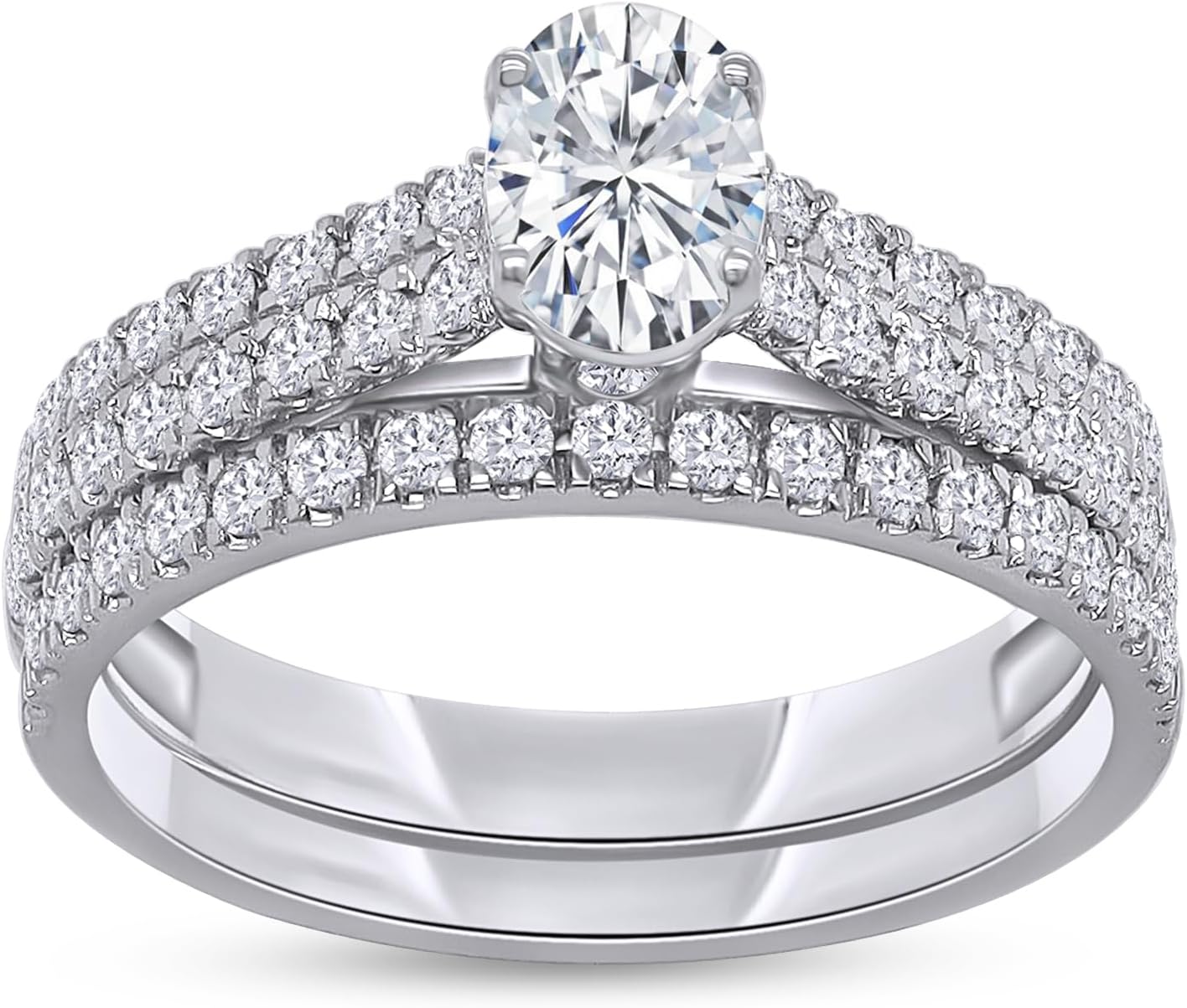 Bridal Wedding Ring Set, 1.00 Carat (ctw) Oval and Round Cut Lab Grown Diamond Solitaire Engagement Ring Sets For Women in 14K Gold Plated 925 Sterling Silver or Vermeil Jewelry Gift for Her