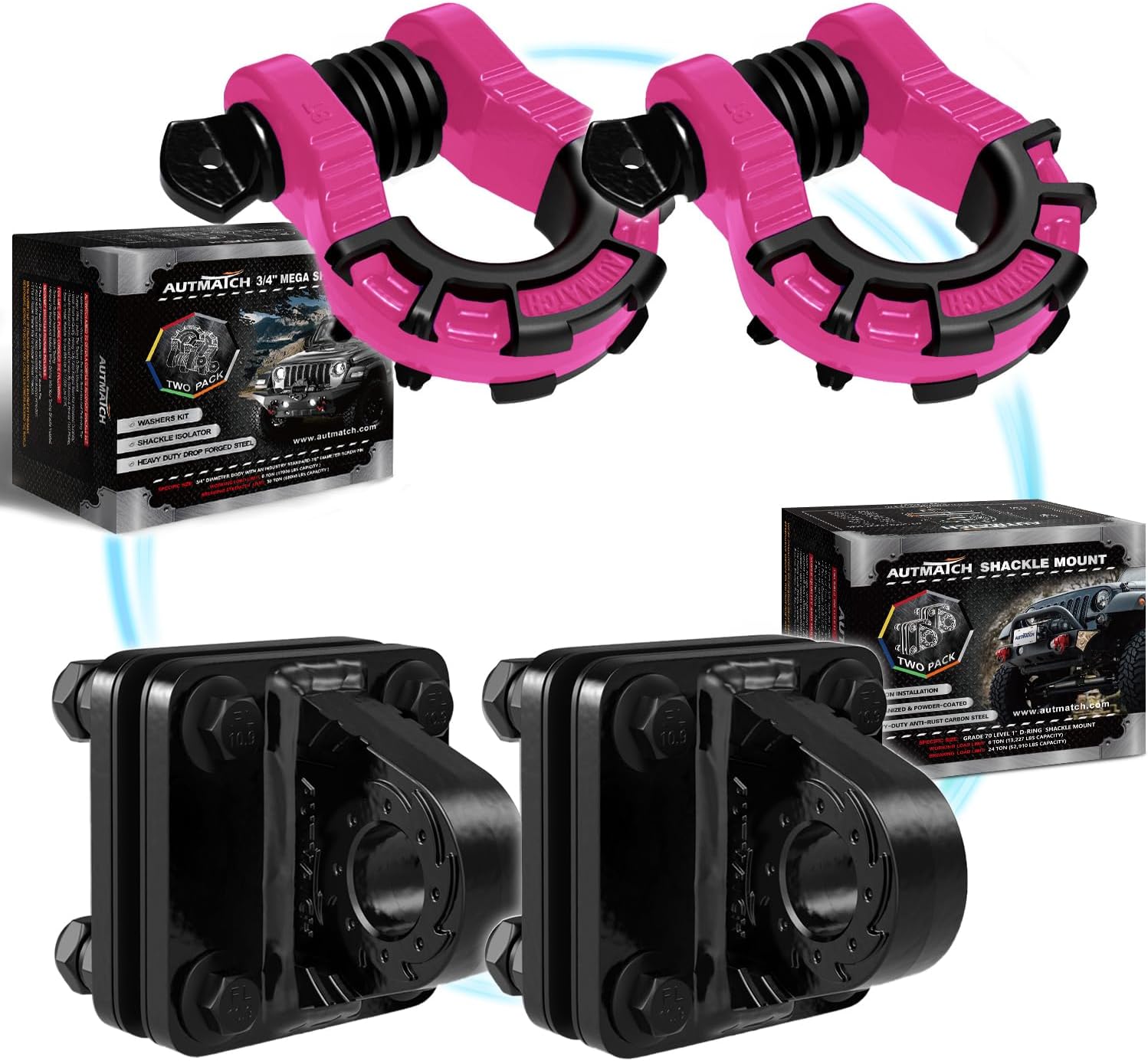 AUTMATCH Mega D Ring Shackles with Shackle Mount, Bolt On Clevis Mount Bumper Shackle Bracket, Use with Tow Strap, Winch, Off-Road Vehicle Recovery Truck, Pink