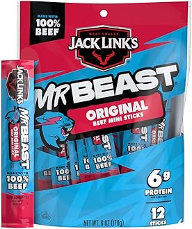 Jack Link’s x MrBeast Beef Sticks, Original Mini Beef Sticks, As Seen on Beast Games, 5g Protein, Made with 100% Real Beef, Pantry-Ready Snacks, 12 Count