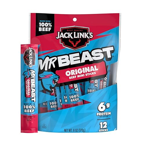 Jack Link's x MrBeast - Mini palitos de carne originales  0.23 oz de proteína por 2 palitos envueltos individualmente, hechos con carne de res 100%