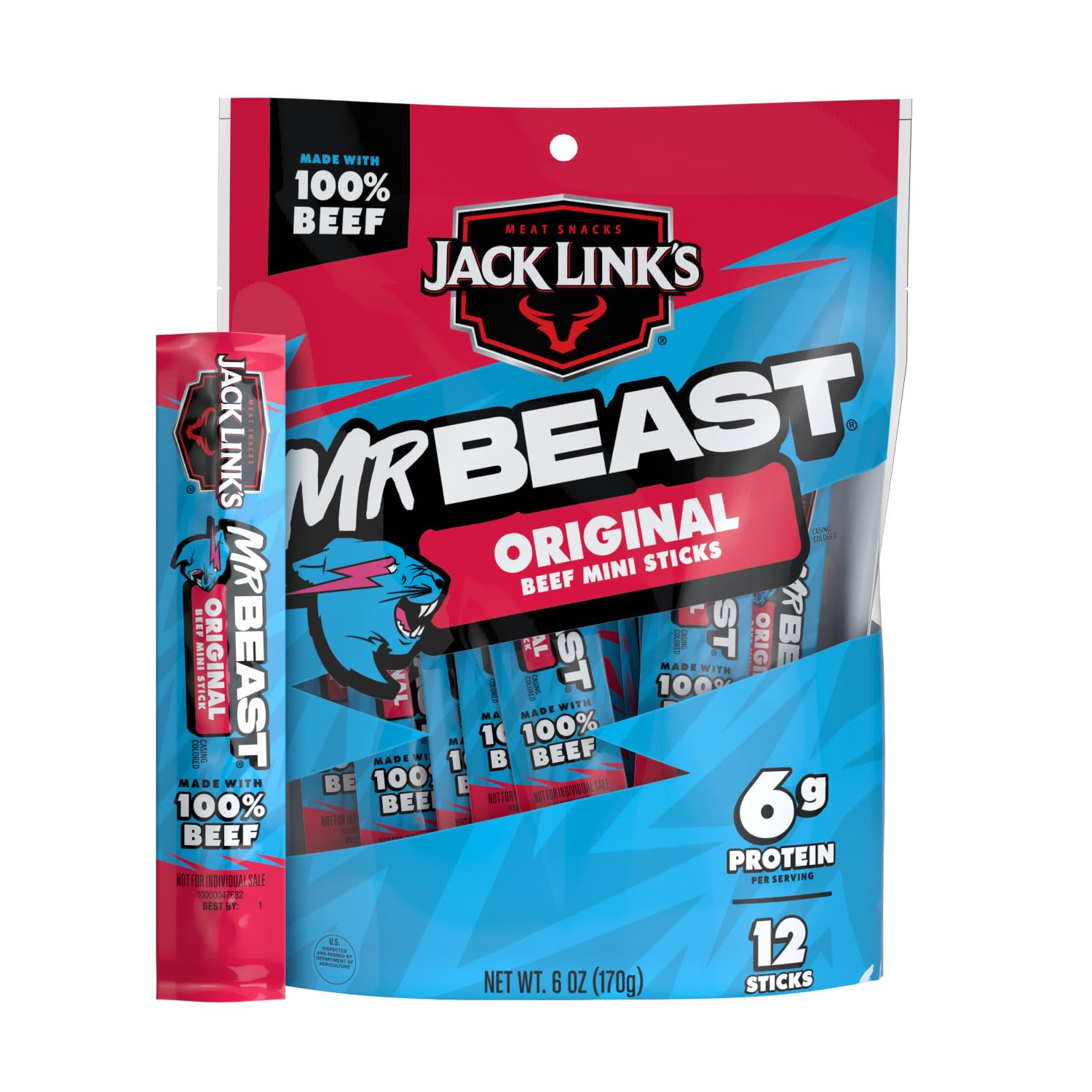 Jack Link’s x MrBeast Original Mini Beef Sticks – 6g Protein per Serving, Individually Wrapped Meat Snacks, Made with 100% Real Beef, Pantry-Ready, Kids Snacks, 0.5oz (12 Count)