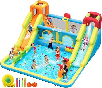 FINCOME Inflatable Bounce House for Kids, Water Bounce House with Double Slides Outdoor Indoor, Jumping Bouncy Castle with Air Blower for Park Backyard Party Birthday with 750W Blower