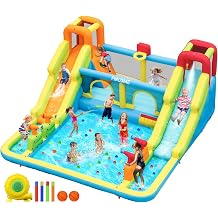 FINCOME Inflatable Bounce House for Kids, Water Bounce House with Double Slides Outdoor Indoor, Jumping Bouncy Castle with Air Blower for Park Backyard Party Birthday with 750W Blower