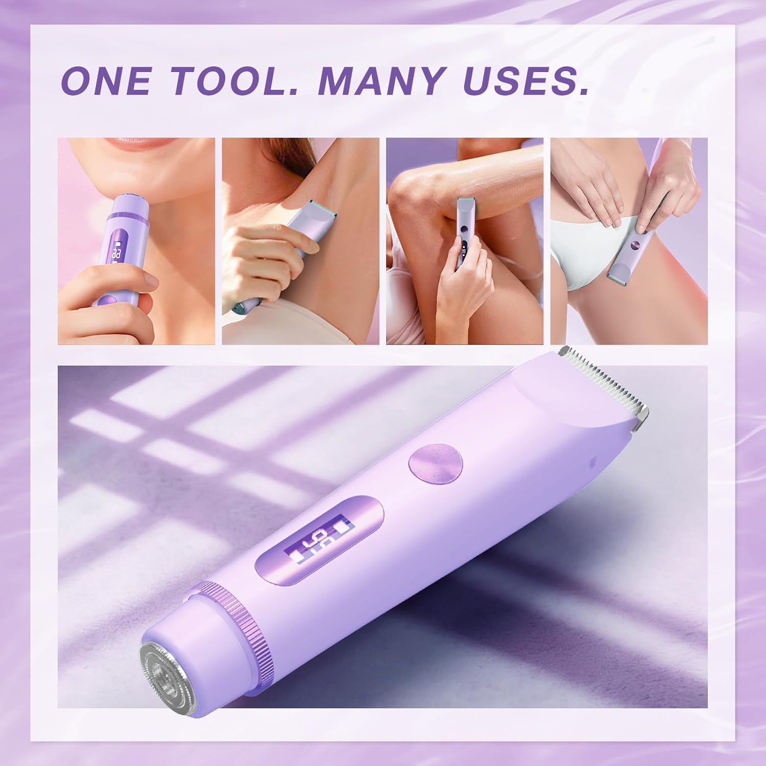 Bikini Trimmer for Women, Dual-Head Electric Body Hair Trimmer for Sensitive Areas, LED Battery Display, IPX7, USB-C Rechargeable Groomer for Bikini Line, Underarms, Legs & Face (Lilac Mist)
