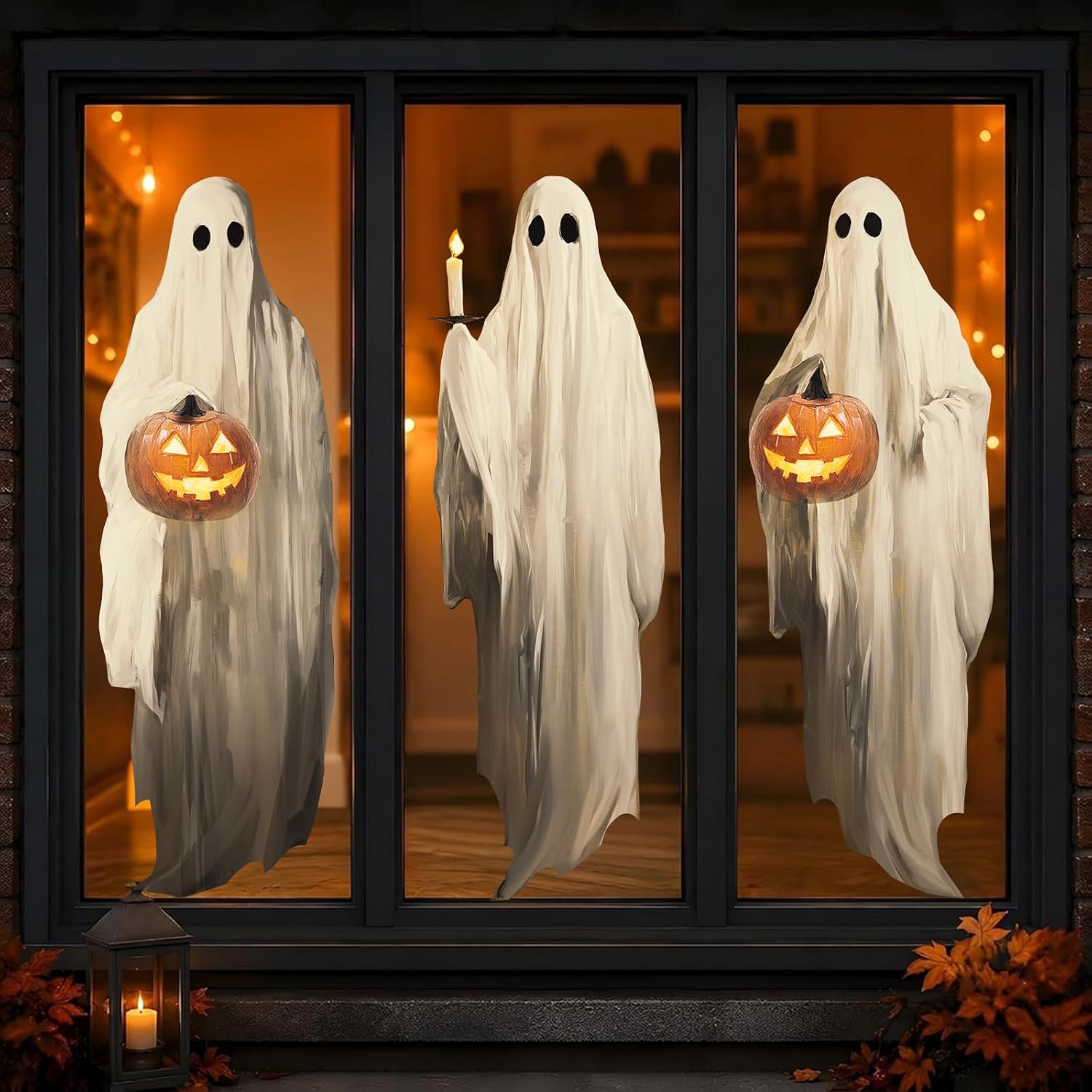 Halloween Decorations Window Clings Decor, 3pcs Extra Large Scary White Ghosts with Pumpkin Lantern Halloween Window Decals Indoor, Creppy School Home Office Party Supplies for Glass Windows, 3 Sheets