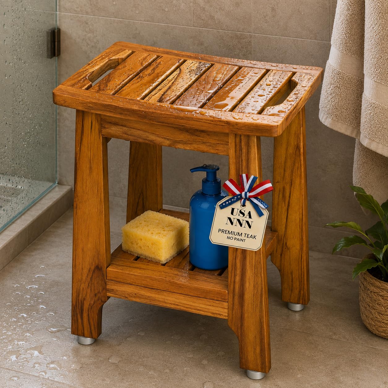 WELL KNOWN Teak Shower Bench Seat with Handle 14 Inch/Teak Wood Shower Stool with Shelf/Wooden Bathroom Spa Bathing Stool/Waterproof Teak Shower Stool/Indoor and Outdoor Use,Patented Design.-image-36