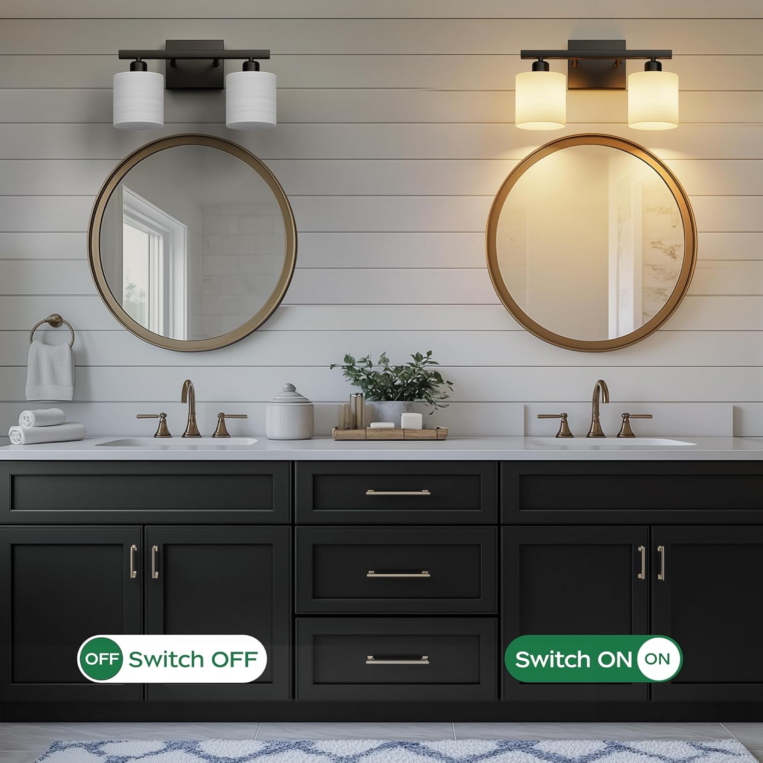 PARTPHONER Bathroom Light Fixtures, Bathroom Lighting Fixtures Over Mirror, Interior Classic Vanity Lights, Modern Vanity Light with Textured White Glass Shade, Matte Black, 2-Light