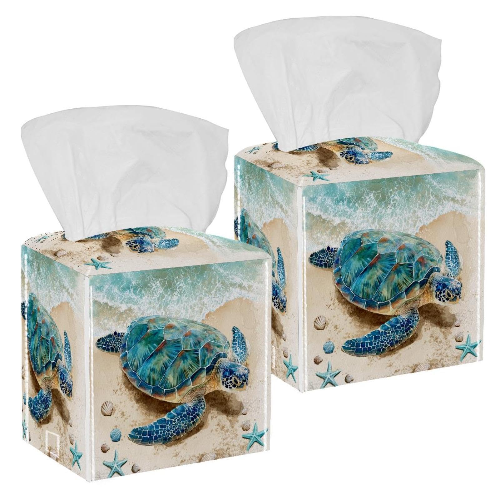 Sea Turtle Tissue Box Cover, 2 Pack PU Leather Square Facial Tissue Dispenser Box holder for Home Office Car