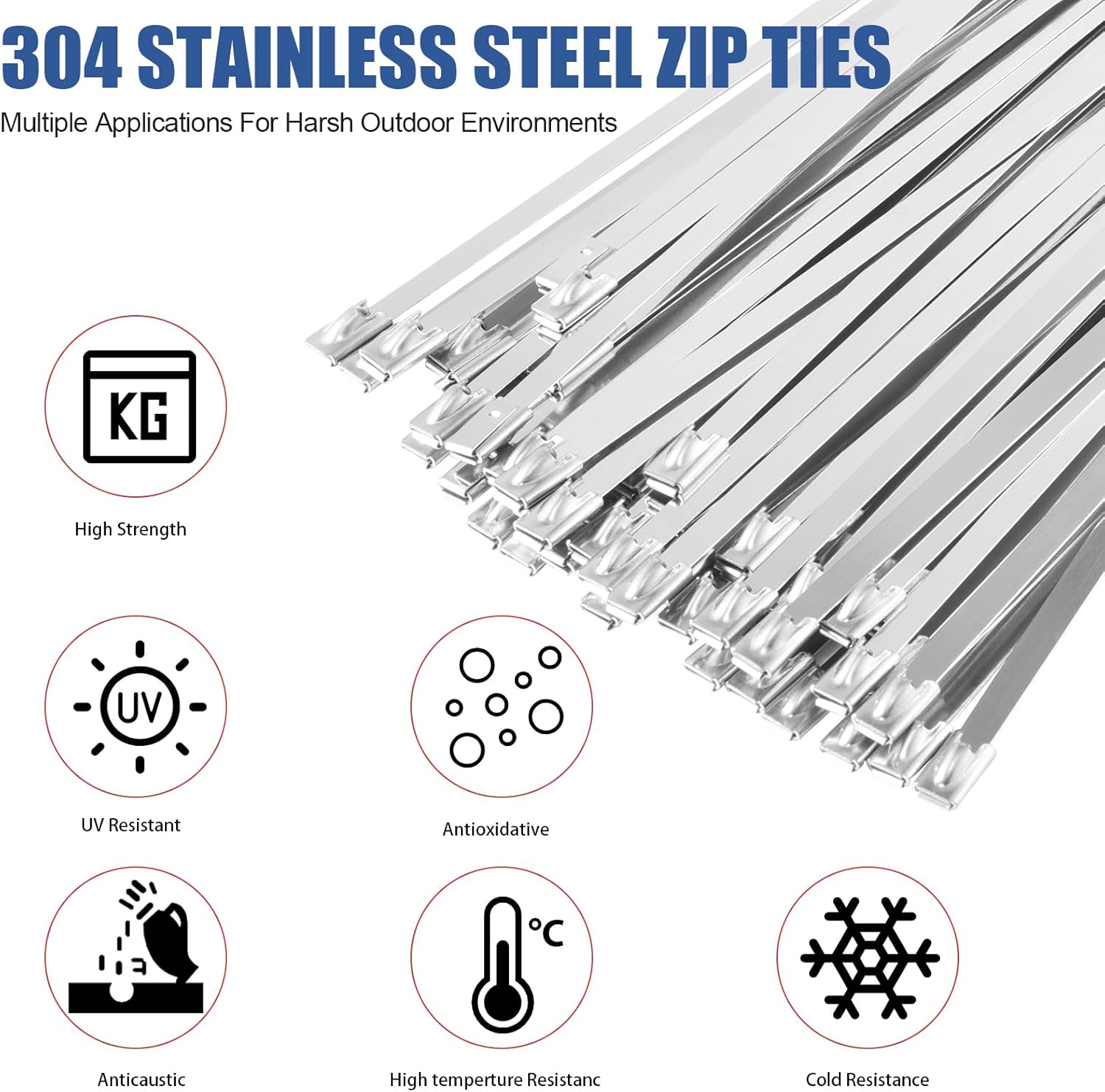 300PCS Metal Cable Zip Ties,300 lbs Tensile Strength, 304 Stainless Steel,Multi-Purpose Heavy Duty Self-locking Cable Ties,Dimensions 6", 10", 14".