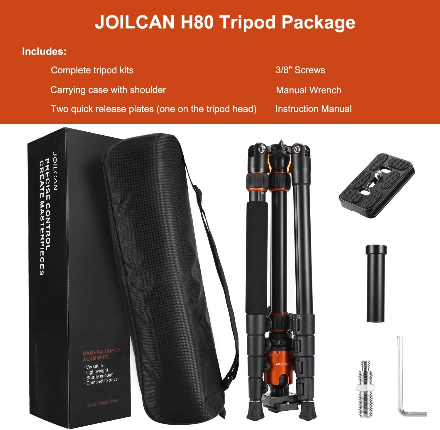 JOILCAN 81” Tripod, Aluminum Camera Tripod for DSLR, Compact Tripod Monopod 360° Panorama Ball Head with 2 Quick Release Plates, 16.5” When Folded, 25 lbs Loads -Orange : Electronics