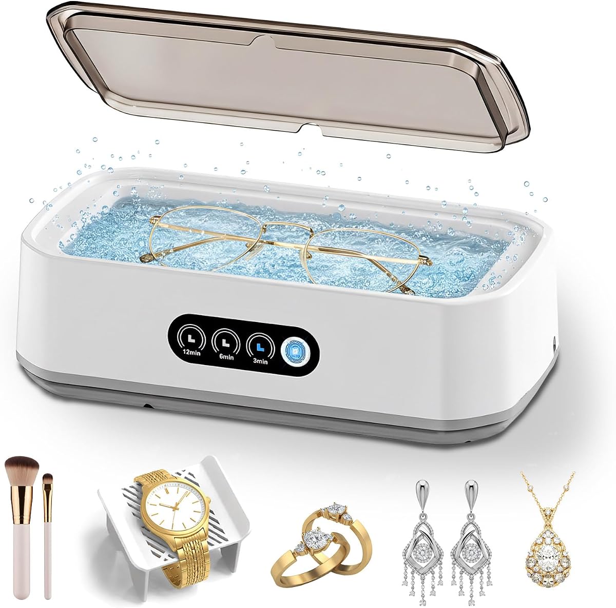 Ultrasonic Jewelry Cleaner Machine: 49KHz Ultrasonic Cleaner with 3 Cleaning Modes for Jewelry,Glasses,Rings,Watch Strap,Dentures,Retainers,Coins,Earring,650ML 304 Stainless Steel Tank(White)
