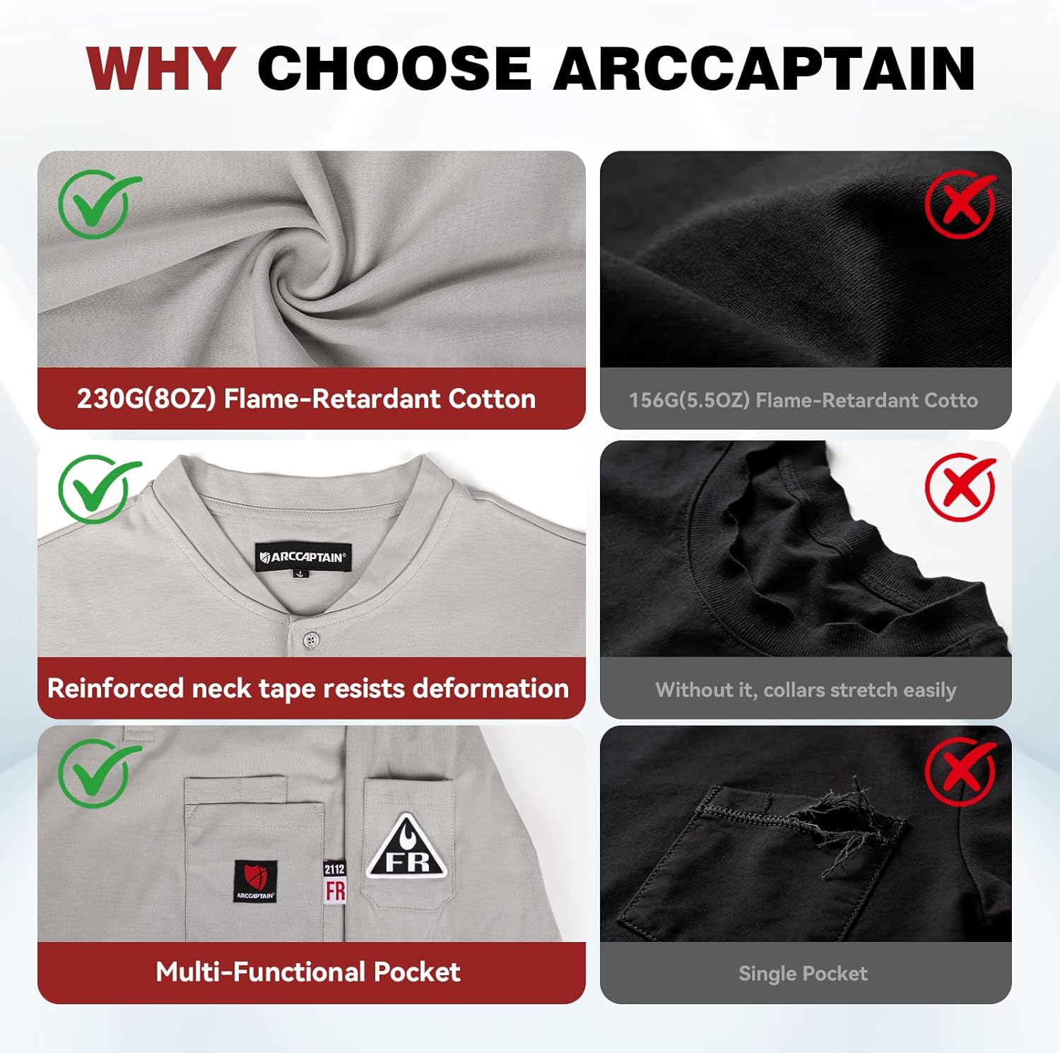 ARCCAPTAIN FR Shirts for Men 8oz 100% Cotton Fire Resistant Henley Shirt CAT2 NFPA2112 Welding Work Long Sleeve Clothing Gray