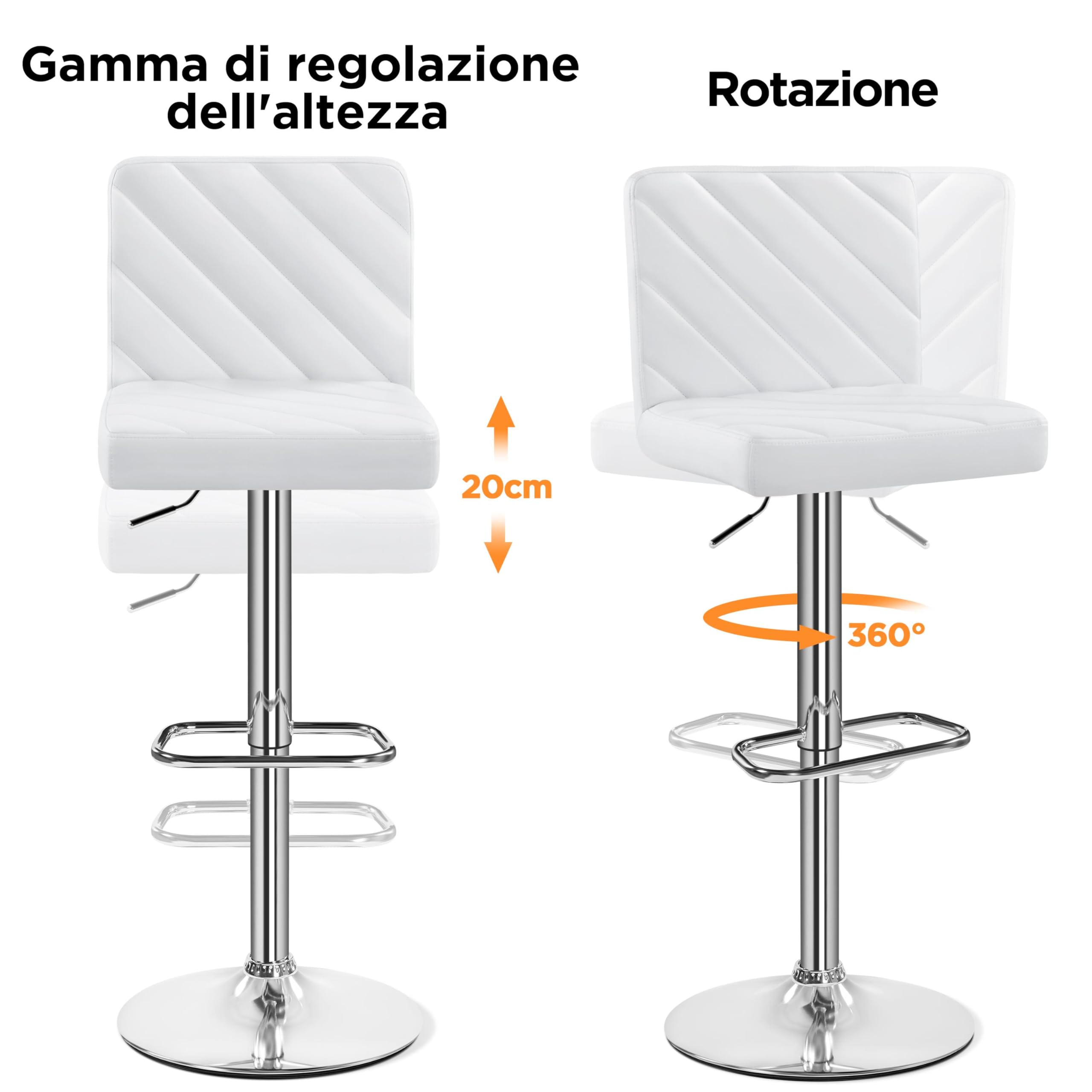 Yaheetech Set 2 Sgabelli Bar Alti Cucina Moderni Design Altezza Regolabile in Similpelle con Schienale Poggiapiedi Girevole 360° Da Penisola Bianchi