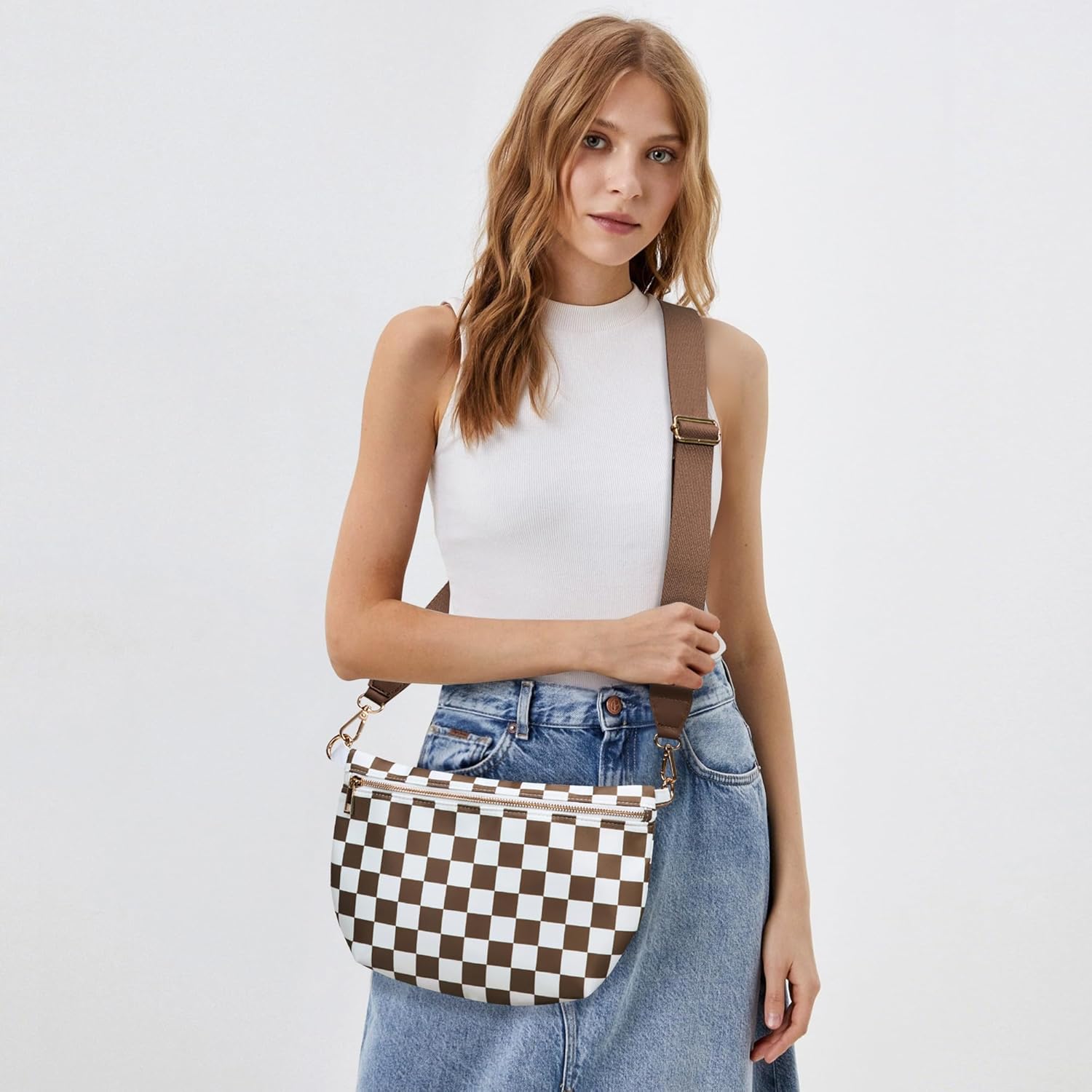 KALIDI Checkered Crossbody Bags for Women Travel Flat Fanny Packs for Woman Men Nylon Cross Body Purse Fashion Belt Bum Bag - Image 2