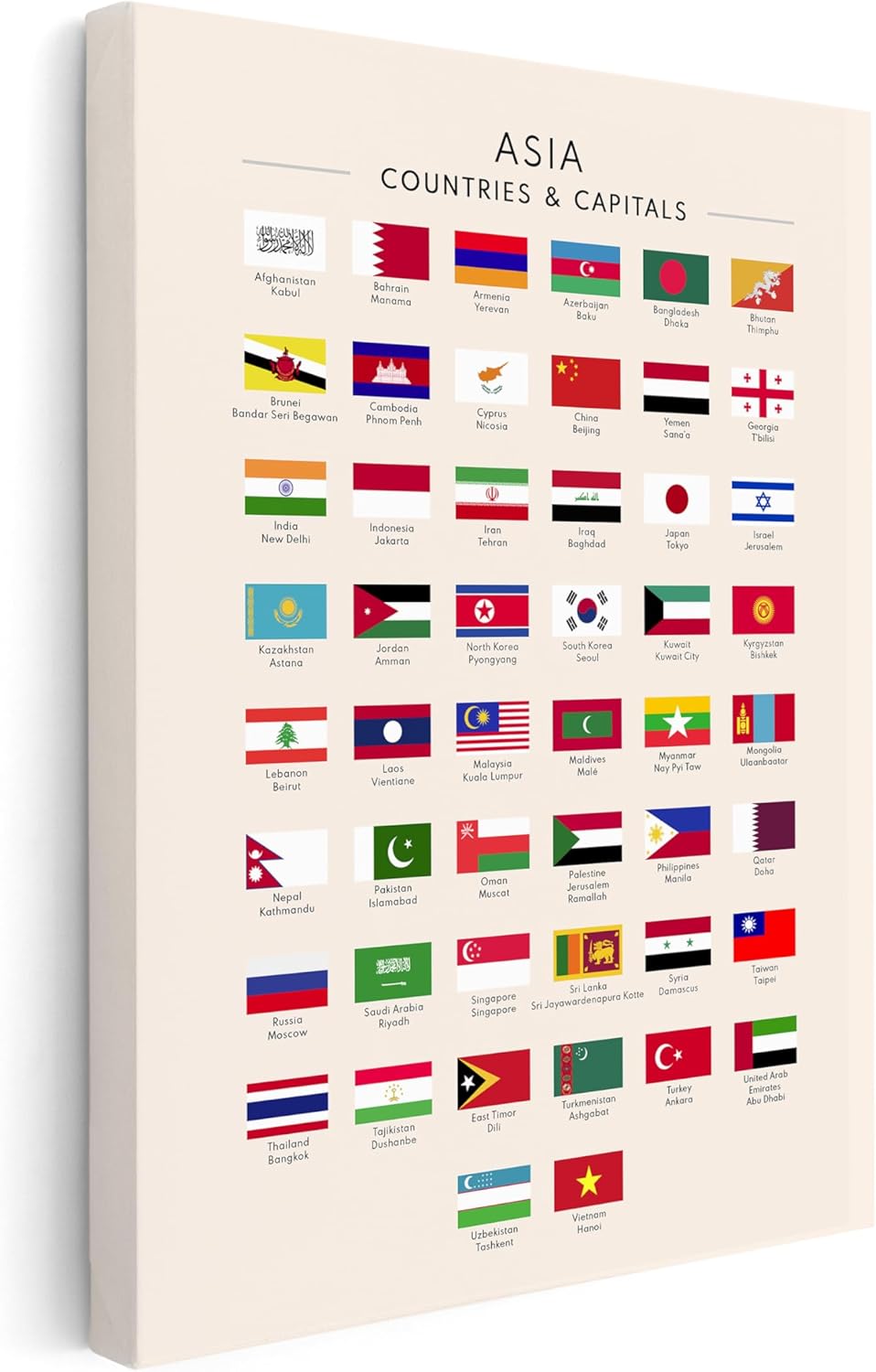 Poster Master Flags of Asia Canvas - Asian Countries & Capitals Print - Learning Materials Art - Educational Art - Gift for Student & Teacher - Decor for Classroom or Library - 8x10 STRETCHED Canvas