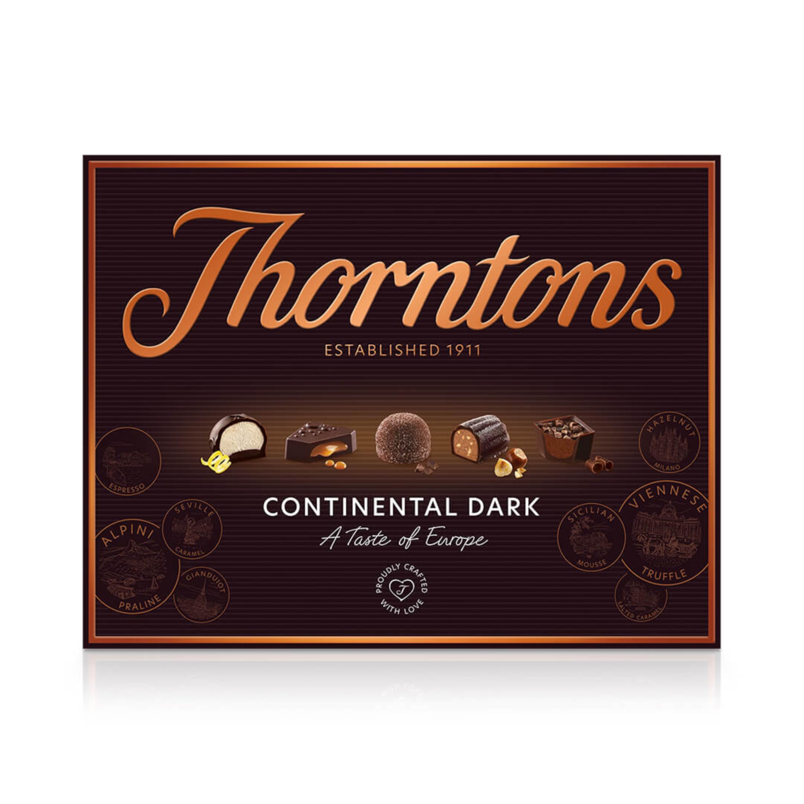 Thorntons Continental Dark Selection Chocolate Gift Box - Assorted Premium Dark Chocolates & Truffles - European Inspired Flavours (Espresso, Hazelnut, Caramel) - 264g