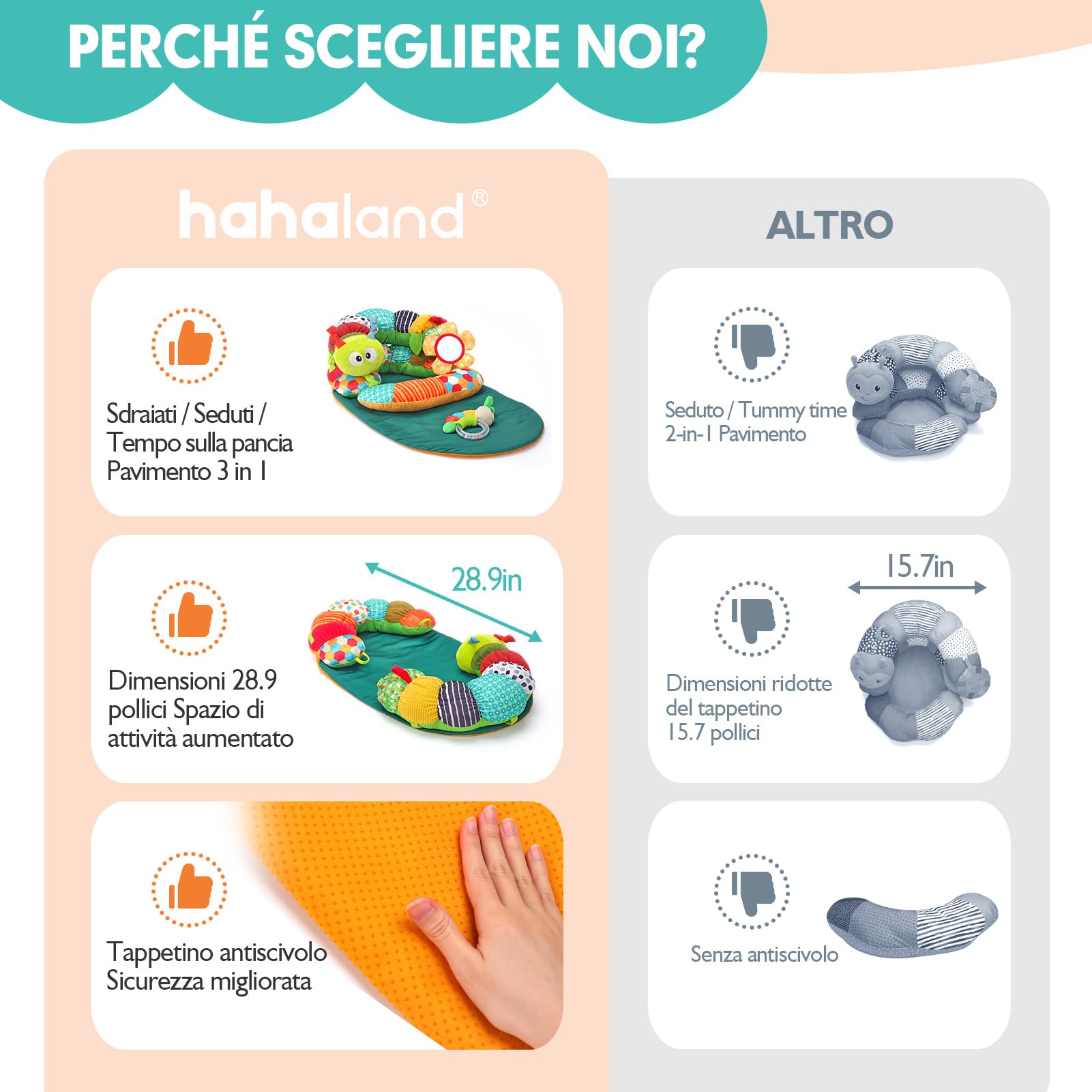 hahaland Giochi Neonato 0-3 6 9 Mesi, 4 in 1 Tummy Time & Supporto Seduto & Tappetino Bruco & Palestrina Neonata con Specchio e Sonaglino, Giocattolo Sensoriale per Neonati, per Sviluppo Precoce