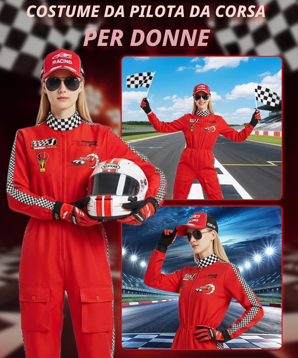 Costume da Pilota di Auto da Corsa per Donna, Racer Overall Outfit con Guanti, Cappello e Occhiali da Sole, Costume da Gioco di Ruolo Adulti, Tuta da Pilota per Carnevale Cosplay Halloween
