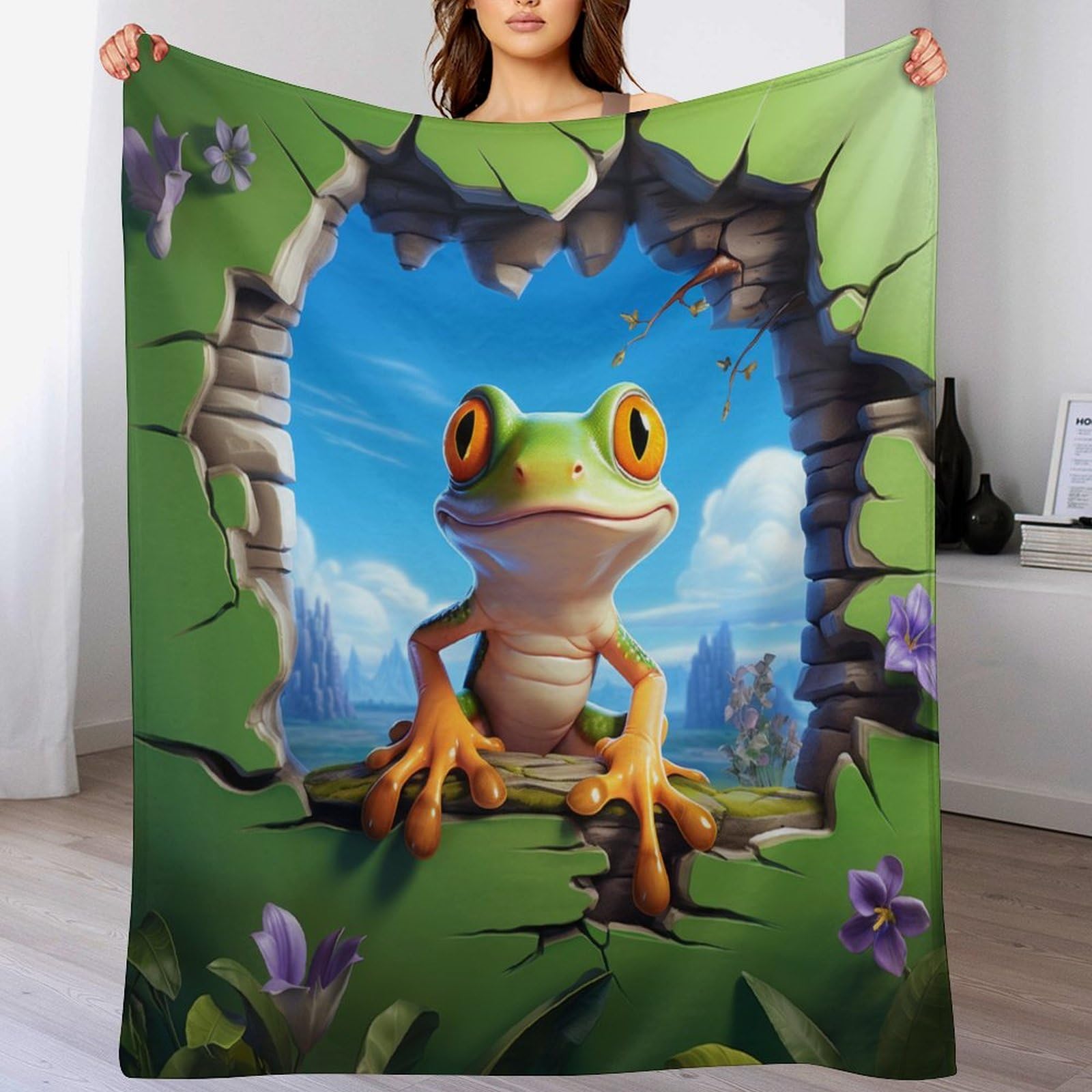 Couverture canapé chaude en flannel douce motif grenouille pour lit toutes saisons