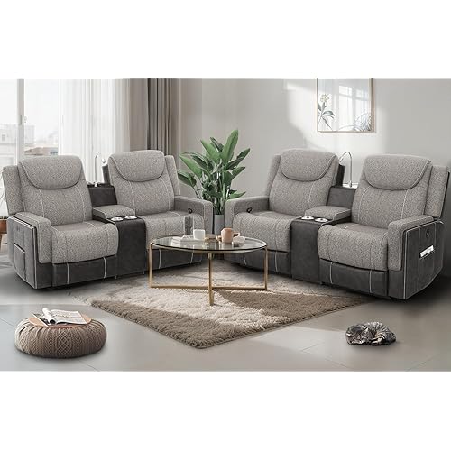Loveseat Recliner Sofa Set, Manual Reclining Loveseat Sofa with Reading Light, Storage Console, Cup Holders, USB Ports, Grey Linen-Blend Fabric & PU Leather, Living Room Furniture Set