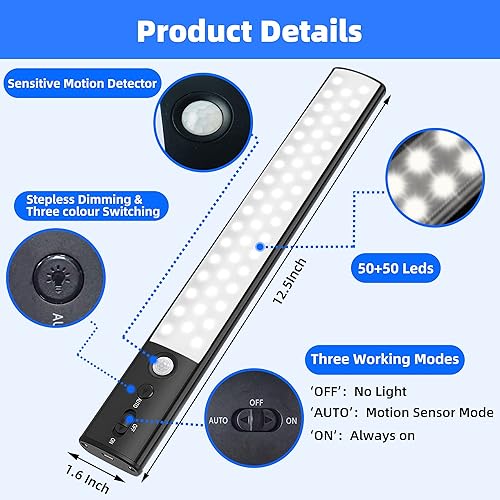 Miniatura 5 de Aipolloo Paquete de 2 luces LED con sensor de movimiento para debajo del gabinete, 4200 mAh recargables debajo del mostrador, 100 luces LED