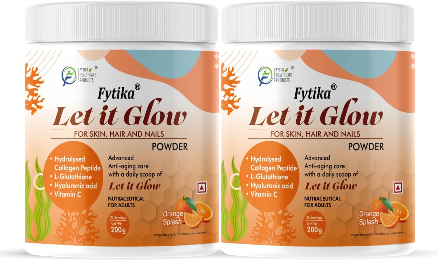 FYTIKA HEALTHCARE PRODUCTS Let It Glow Collagen Supplement Powder For Men & Women|L- Glutathione, Vitamin C, Sesbania Agati Extract|Promotes Healthy Skin, Hairs And Nails (Orange, Pack Of 2)