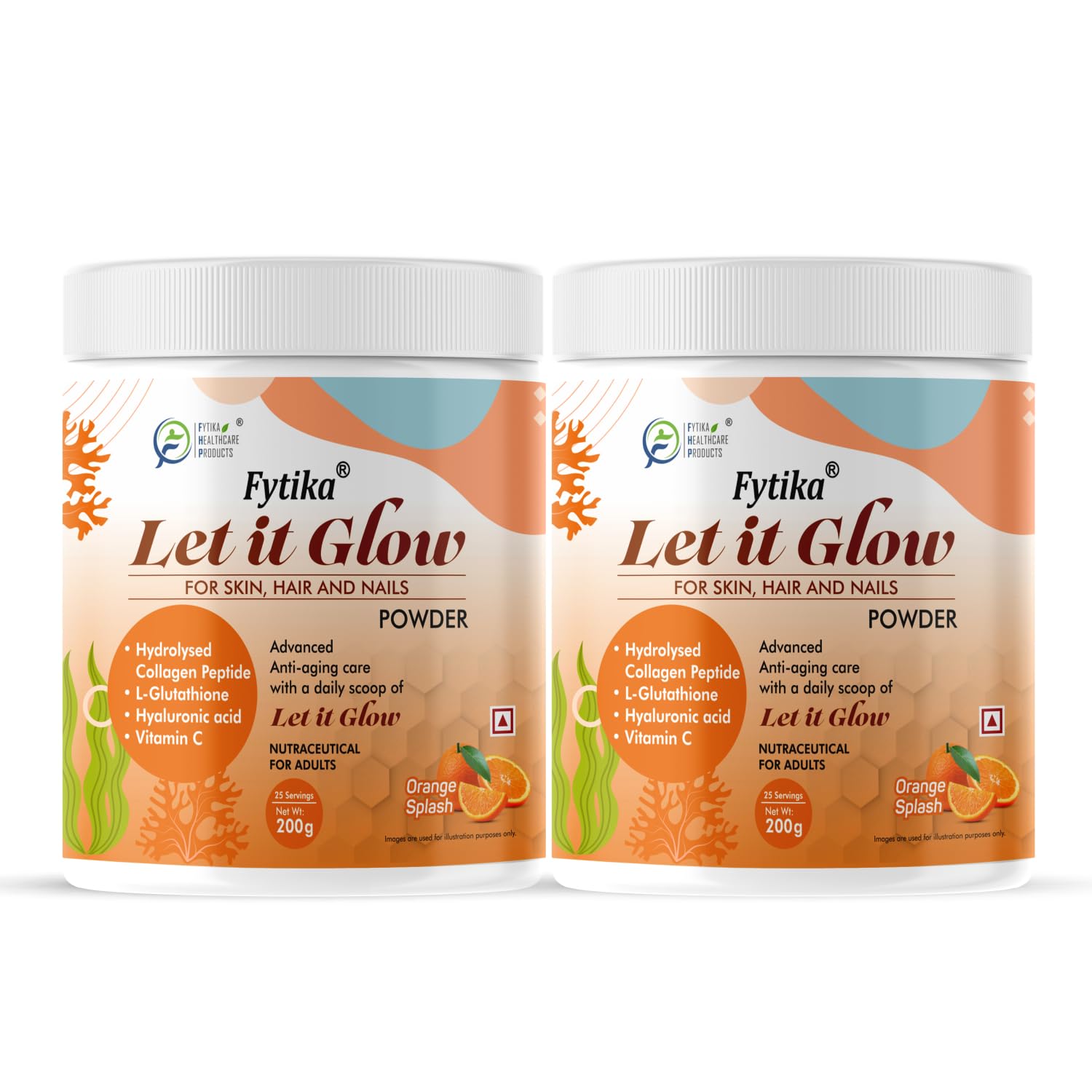 FYTIKA HEALTHCARE PRODUCTS Let It Glow Collagen Supplement Powder For Men & Women|L- Glutathione, Vitamin C, Sesbania Agati Extract|Promotes Healthy Skin, Hairs And Nails (Orange, Pack Of 2)