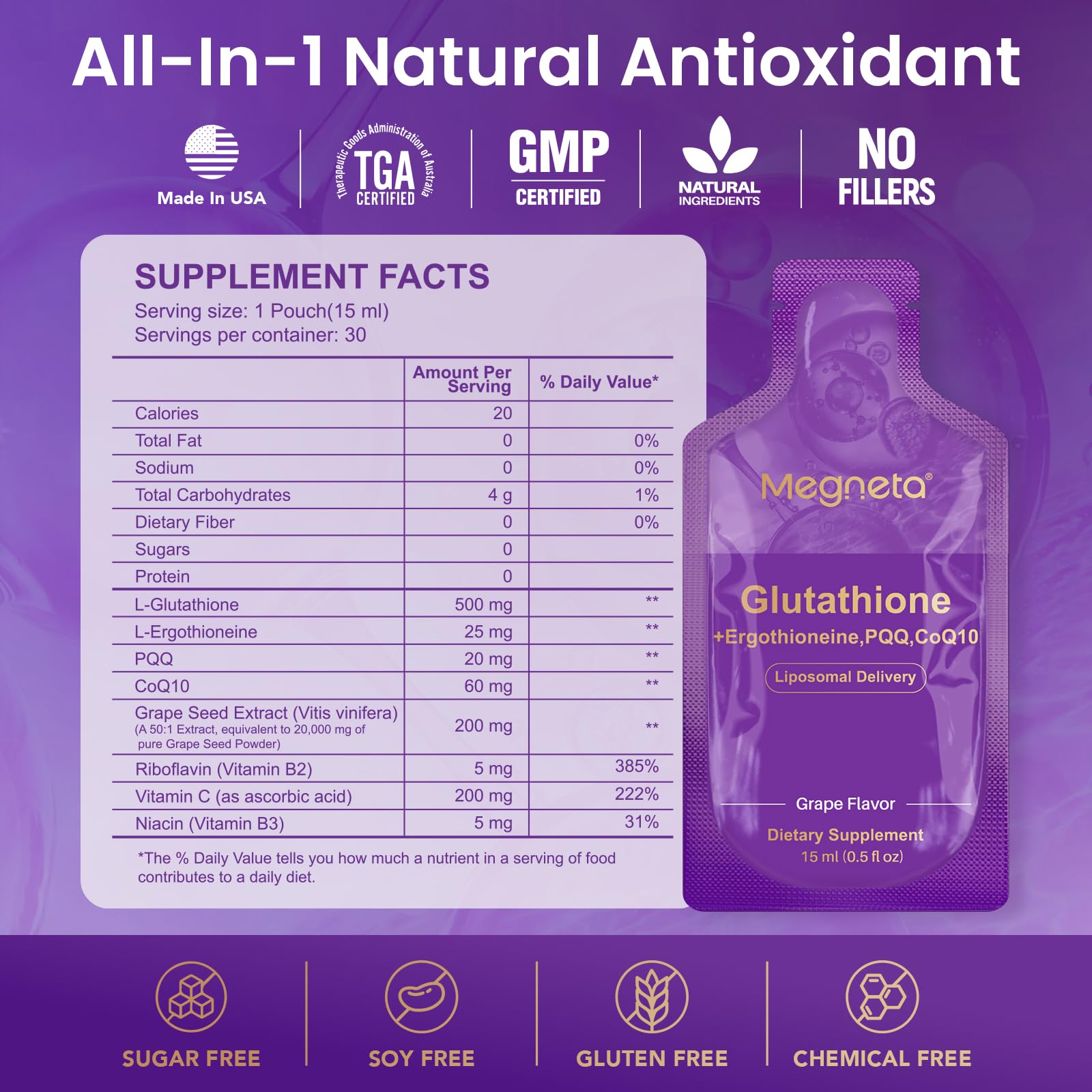 Amazon.com: MEGNETA Liposomal Glutathione Supplement 500mg Glutathione with PQQ, CoQ10 & Vitamin C High Absorption Antioxidant for Immune & Energy Support Grape Flavor, 30 Pouch : Health & Household Amazon.com: MEGNETA Liposomal Glutathione Supplement 500mg Glutathione with PQQ, CoQ10 & Vitamin C High Absorption Antioxidant for Immune & Energy Support Grape Flavor, 30 Pouch : Health & Household