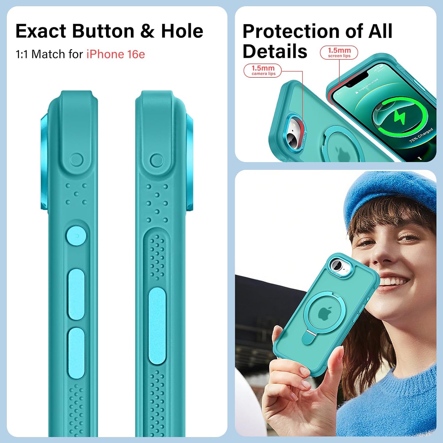 Designed for iPhone 17e Case & iPhone 16e Case with Magnetic Stand, [Military Drop Protection][Great Grip Feeling] Matte Translucent Back Slim Shockproof Cover for iPhone 17e 6.1", Darkcyan