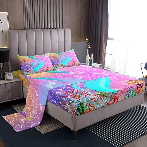 Manfei Mermaid Sheet Set Full Size, Colorful Fish Scale Bedding Set for Kids Boys Girls, Fish Seahorse Jellyfish Conch Bed Sheet Set 4pcs with Deep