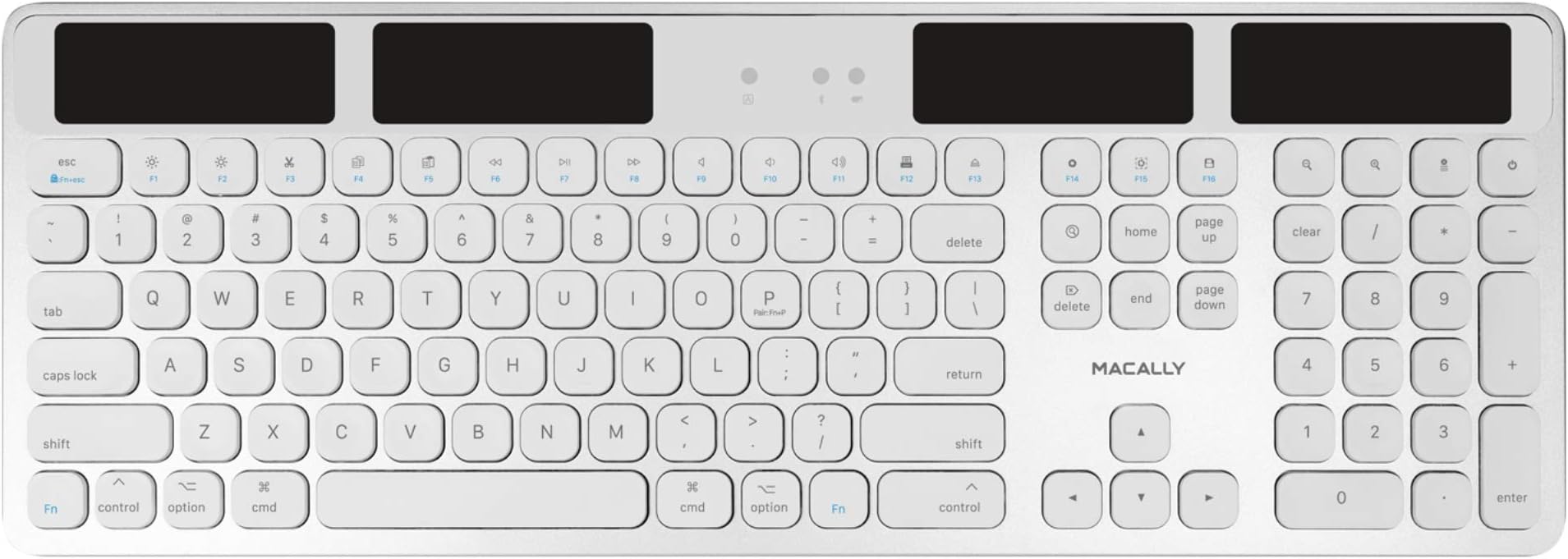 Macally Bluetooth Wireless Solar Keyboard for Mac - Rechargeable via Any Light Source (150 hr Battery Life) - Mac Wireless Keyboard with Numeric Keypad & 21 Apple Shortcuts - Silver Aluminum