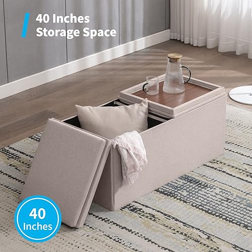Miniatura 4 de Mjkone Otomana de almacenamiento tapizada, mesa de centro otomana rectangular plegable, taburete multiusos con asiento acolchado, banco otomano de