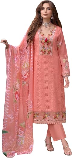 INDO ERA Women's Straight Pure Cotton Floral Embroidered Kurta & Pant with Dupatta Set (IEOUT10718)