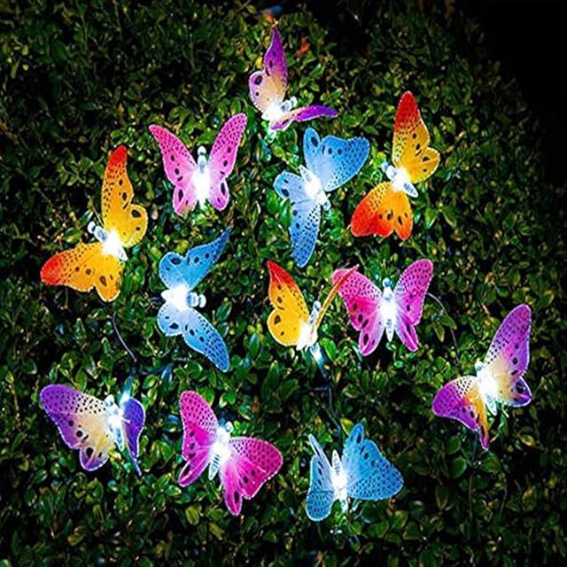 Berocia Butterfly Solar String Lights Outdoor Garden Waterproof Red Decorative Fairy Lights 12 LED for for Patio Yard Tree Lawn Party Christmas