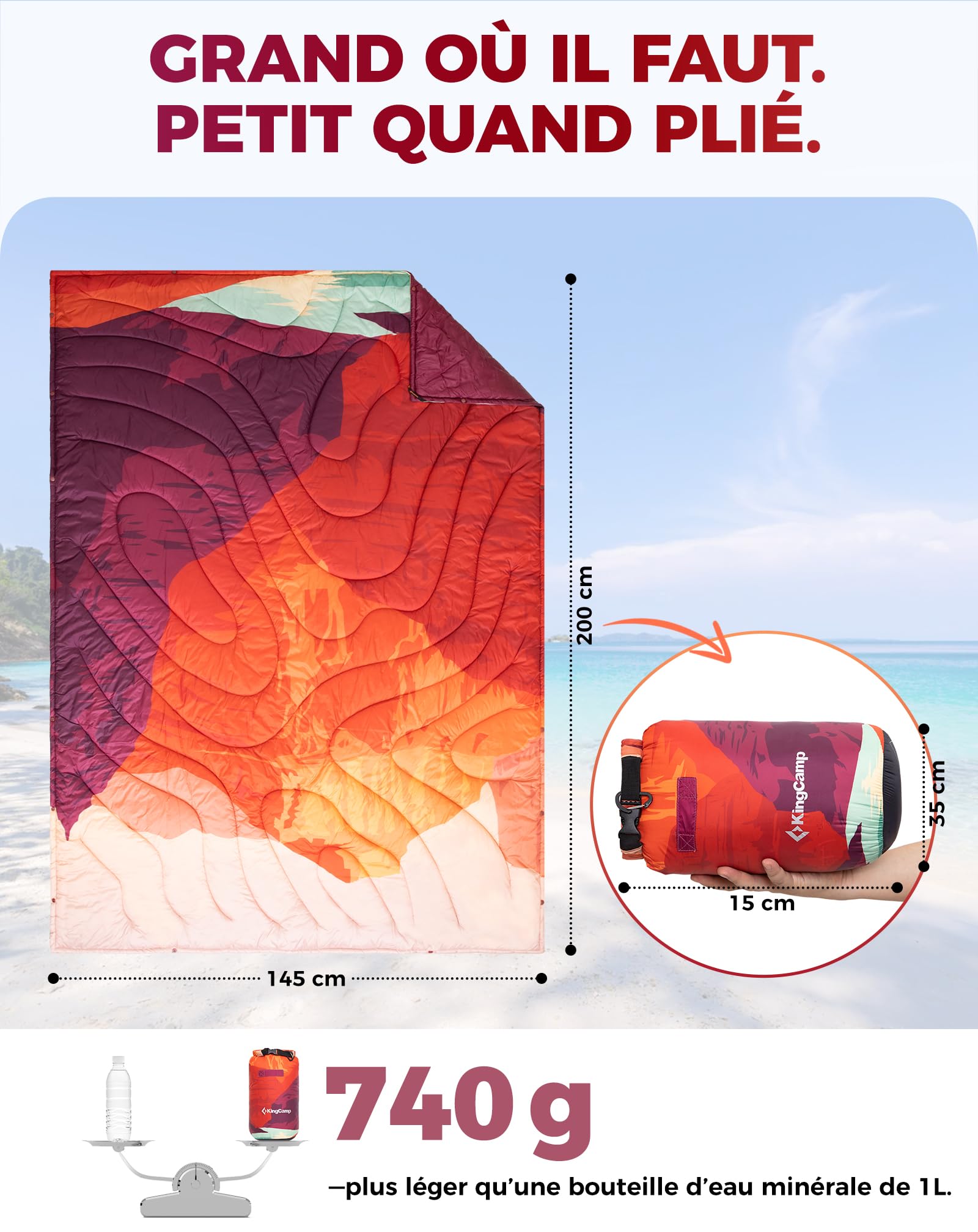 KingCamp Couverture de Camping Imperméable et Légère,Pliable,Compacte,Couverture Thermique,Couverture de Voyage,pour Plage, Randonnée,Voiture,Extérieur et Intérieur,200 x 145 cm,Montagne Orange