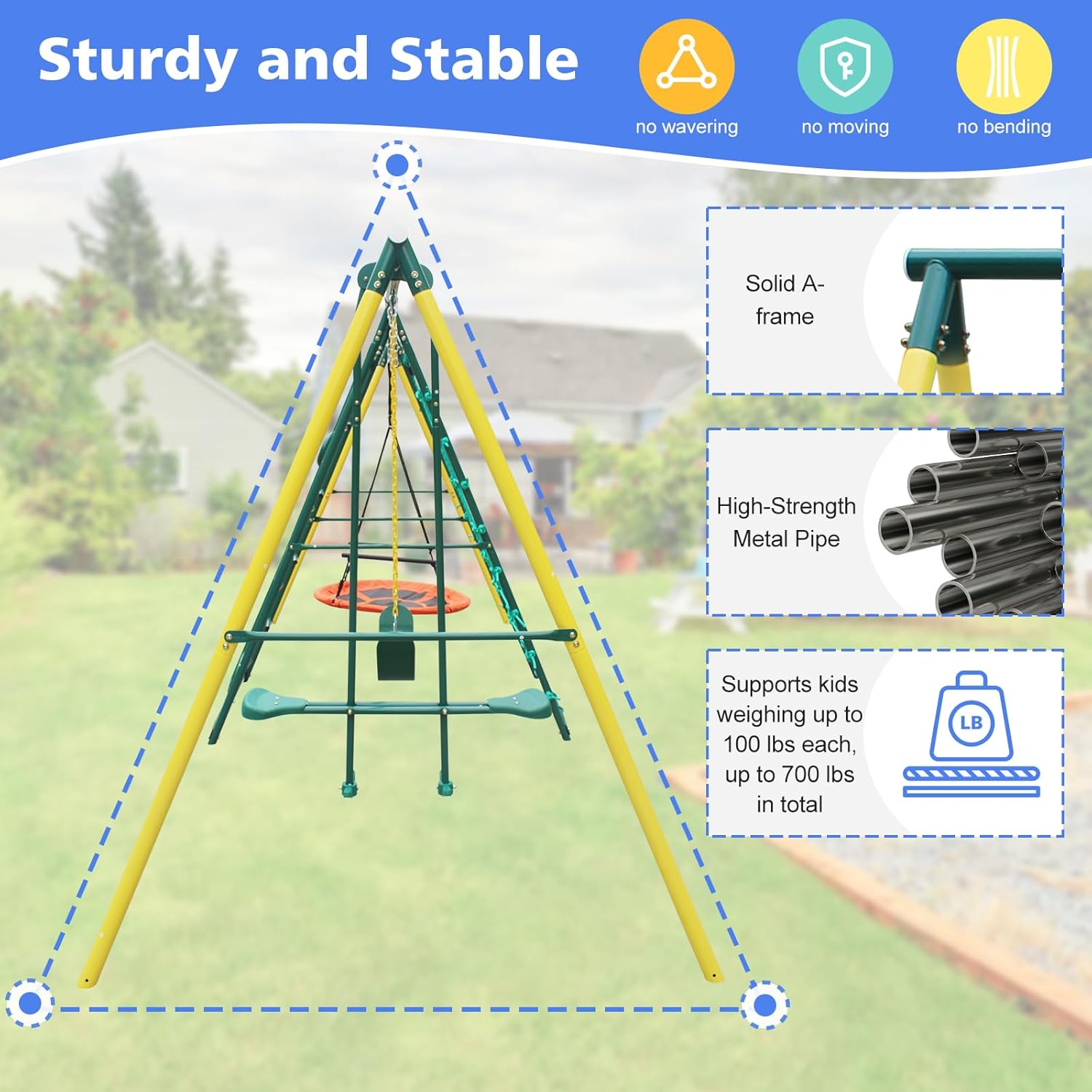 6 in 1 Outdoor Swing Set for Backyard, Heavy Duty Steel A-Frame Playset with Climbing Frame, Climbing Net, Glider, Hammock, Belt Swing and Basketball Rim, 700lbs Weight Capacity for Kids & Toddlers