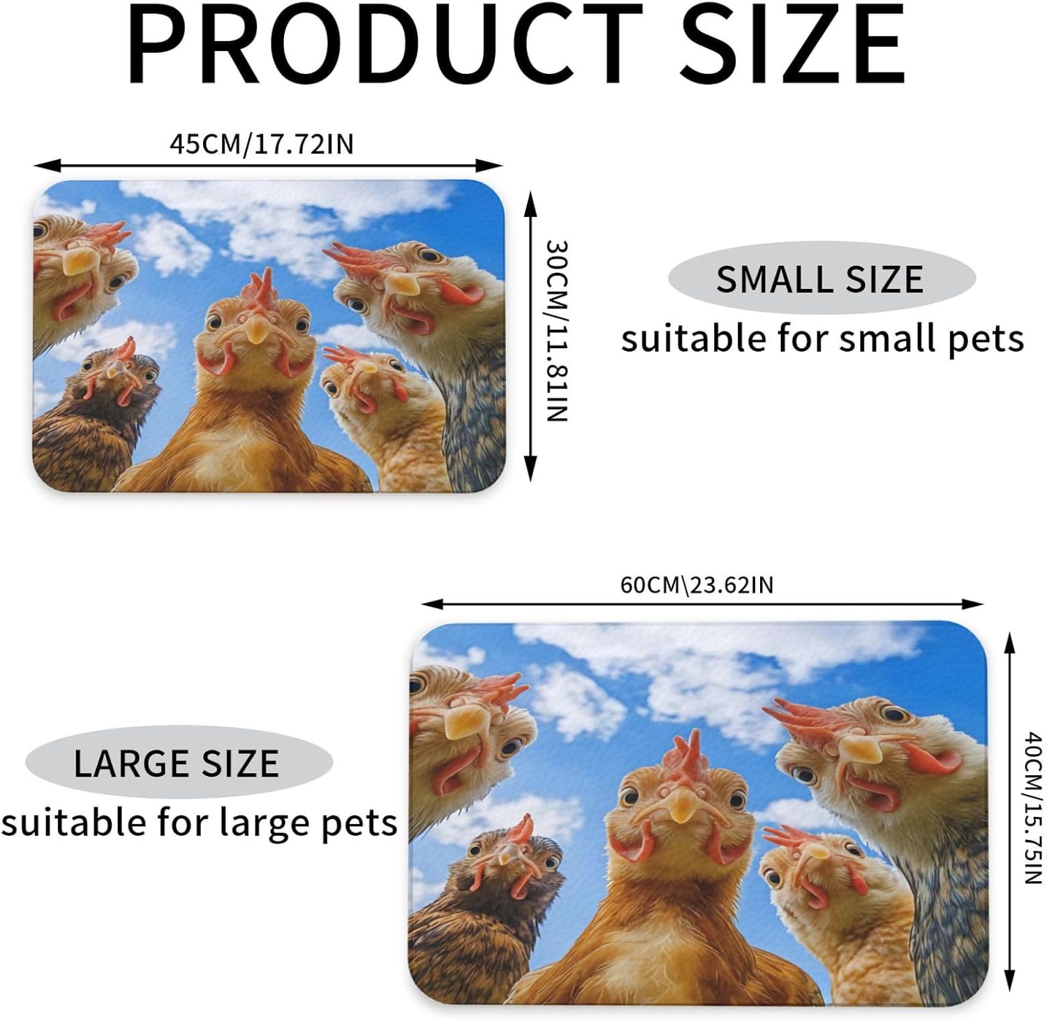 Funny Rooster Dog Food Mat, Leather Pet Feeding Mat, Cat Mat for Food, Absorbent Pet Placemat for Indoor Outdoor Water Bowl 40x60cm