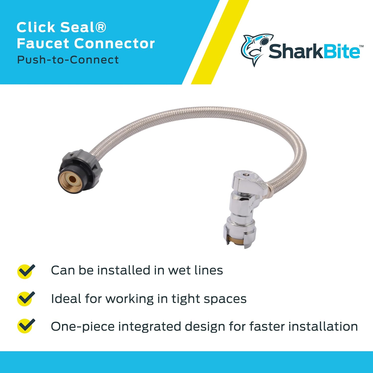 SharkBite 1/2 Inch Angle Stop x 1/2 Inch NPSM Click Seal Faucet Connector x 20 Inch, Push to Connect Brass Plumbing Fitting, PEX Pipe, Copper, CPVC, PE-RT, HDPE, 24657