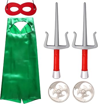 Kids Superhero Ninja Costume and Weapons Set Super Hero Ninja Cape and Mask Accessories for Boy Cosplay Dress Up Parties Green